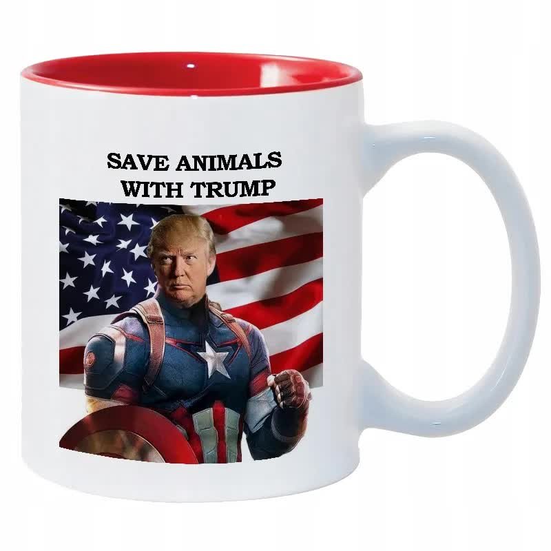 Kubek Biały Czerwone Wnętrze SAVE ANIMALS Donald Trump Trend Viral