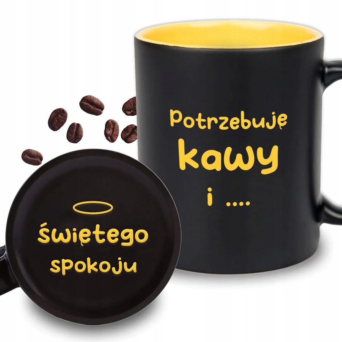 KUBEK GRAWER Żółty Na Prezent Urodziny POTRZEBUJE KAWY I ŚWIĘTEGO SPOKOJU