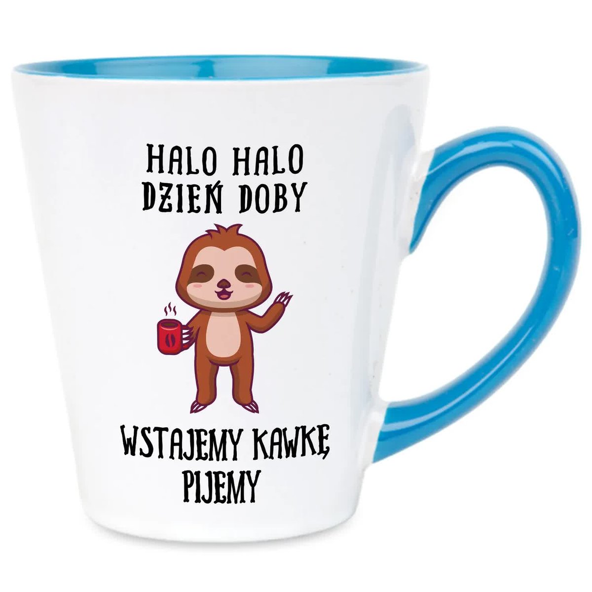 Kubek Latte Niebiesko Biały WSTAJEMY KAWKĘ PIJEMY 300 ml Prezent Zabawne Wz