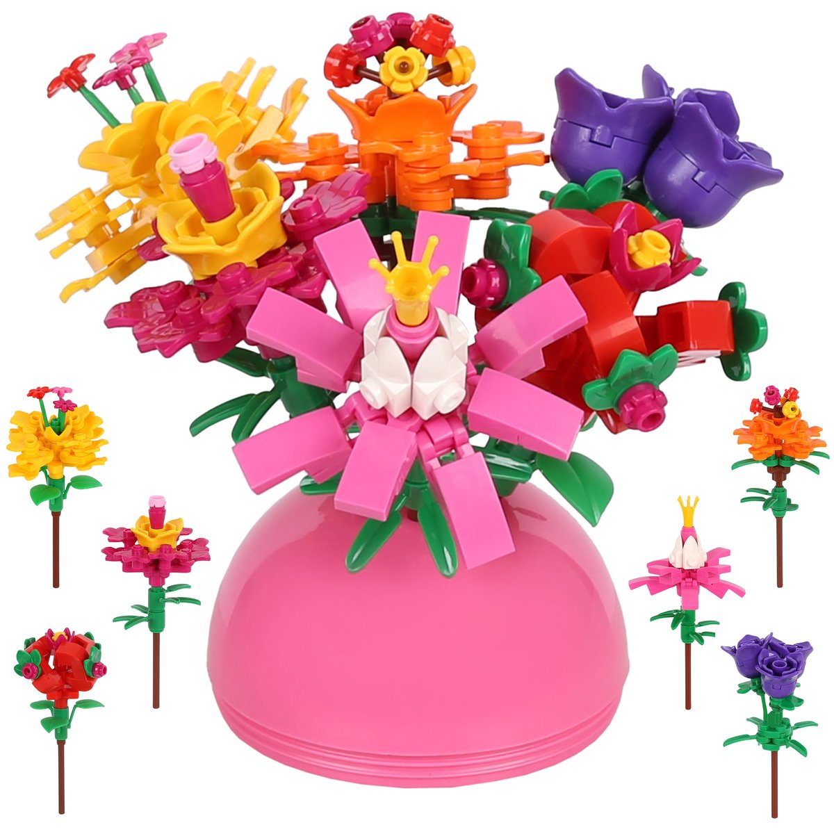 Bukiet z klocków konstrukcyjnych, kreatywnych, 6 SZTUK KWIATÓW w kulach, ZESTAW DIY 6+