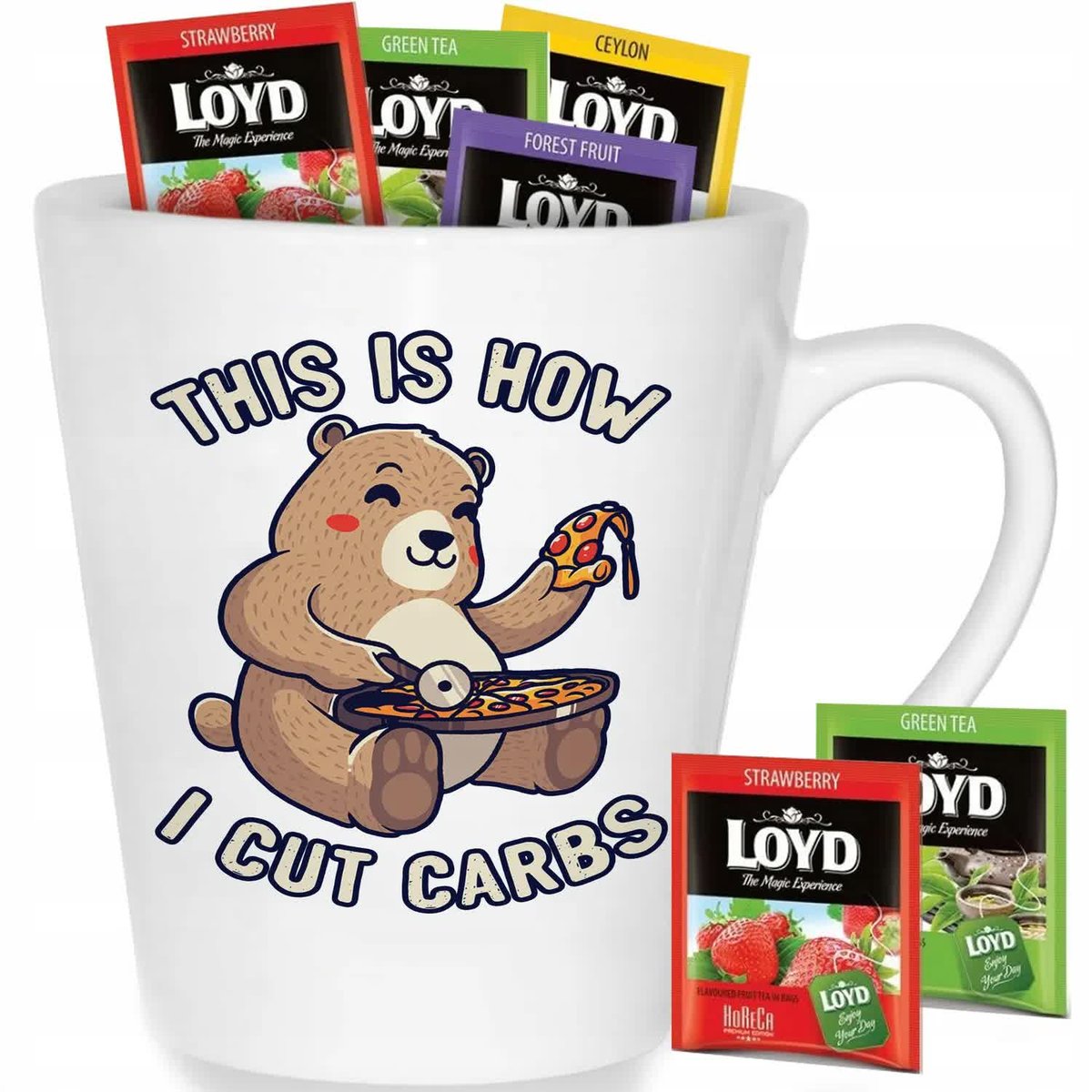 Kubek Biały Latte I CUT CARBS Na Prezent Wzory + 8 Herbat Loyd