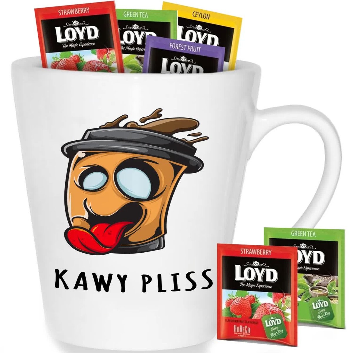 Kubek Biały Latte KAWY PLIS Na Prezent Wzory + 8 Herbat Loyd
