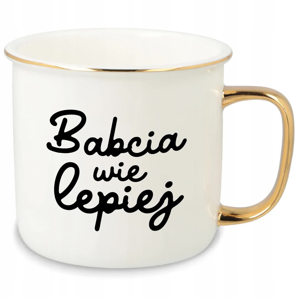 KUBEK UCHO RANT ZŁOTY PORCELANOWY RETRO PREZENT DLA BABCIA WIE LEPIEJ WZ