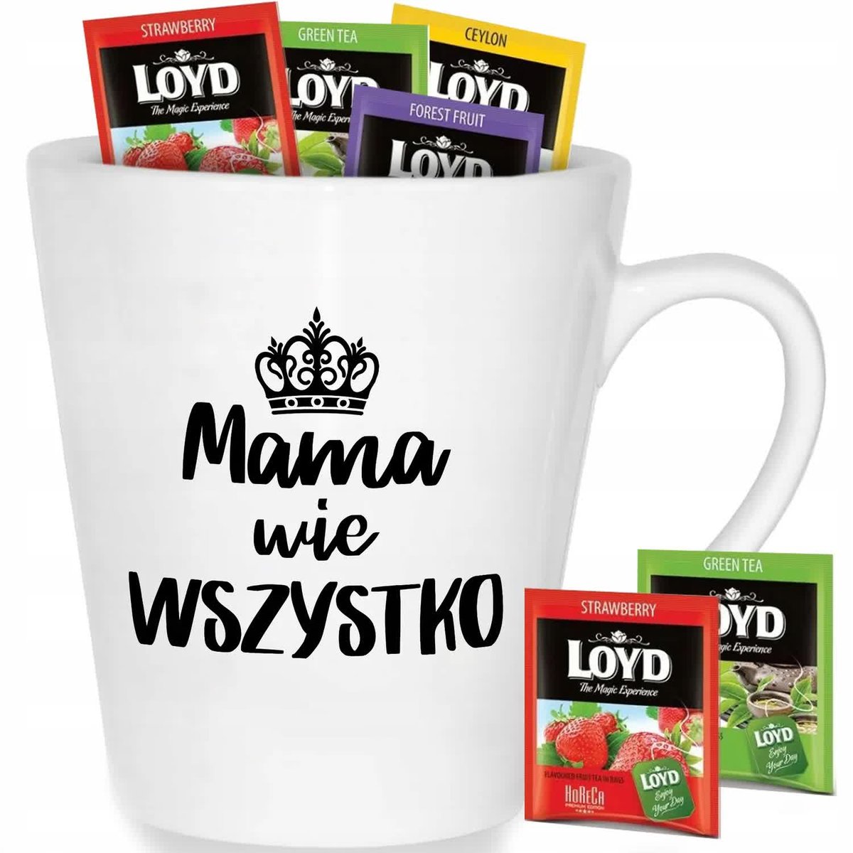 Kubek Biały Latte MAMA WIE WSZYSTKO Na Prezent Wzory + 8 Herbat Loyd