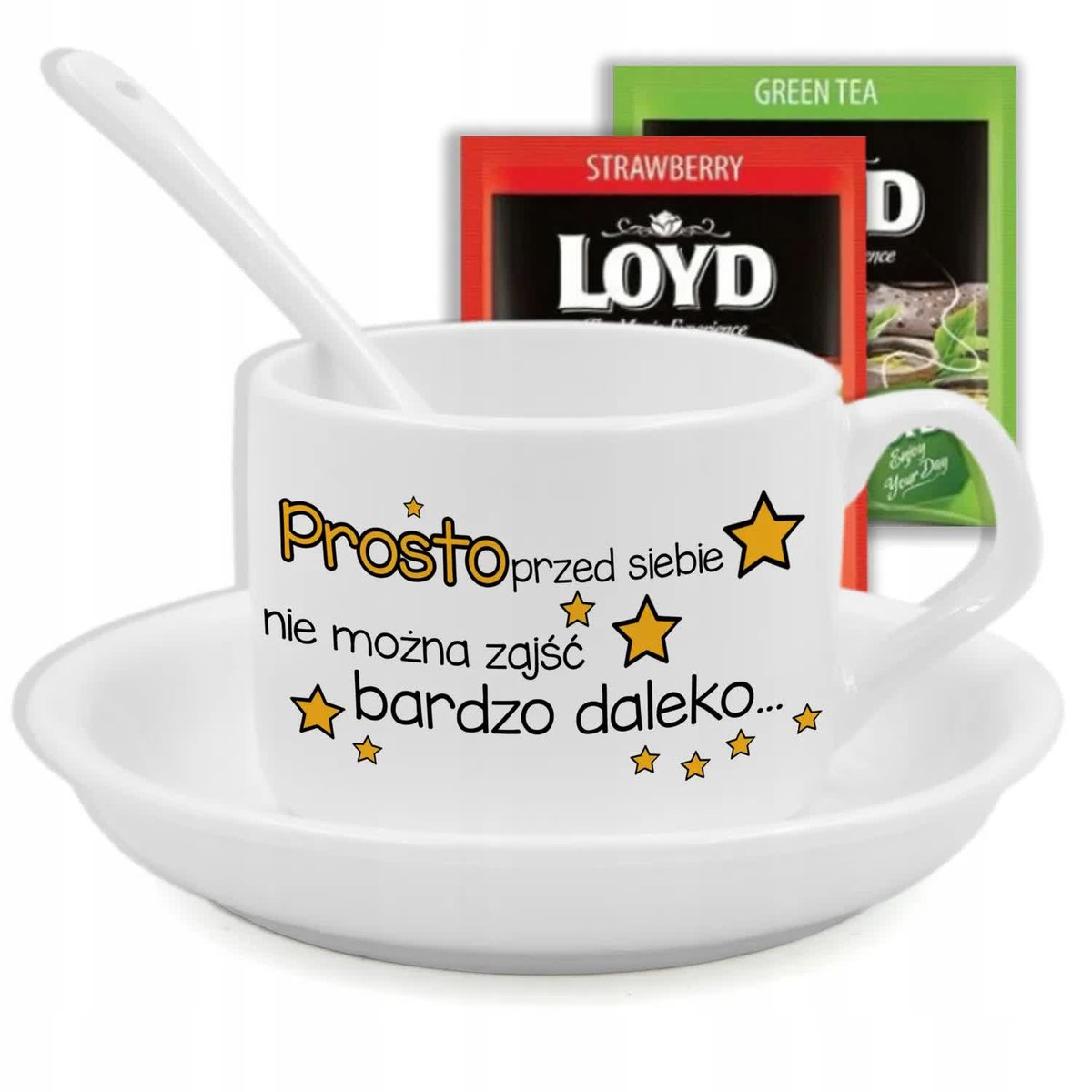 FILIŻANKA Z PODSTAWKĄ I ŁYŻECZKĄ MOTYW MOTYWACJA + HERBATA LOYD WZ