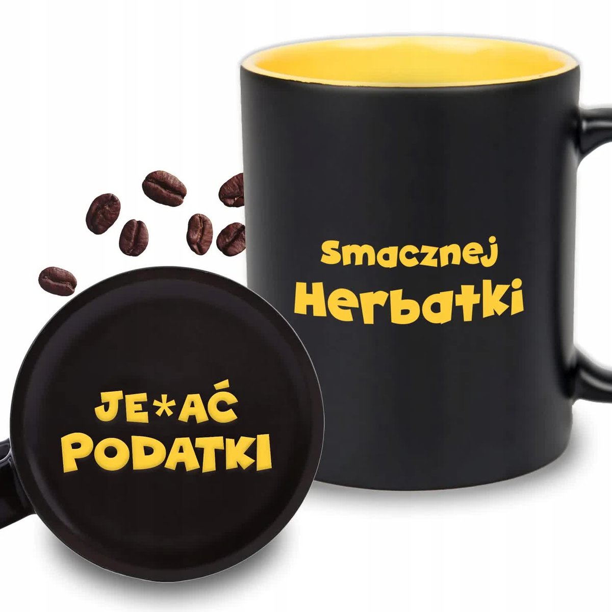 KUBEK Z GRAWEREM Żółty Na Prezent Urodziny SMACZNEJ HEBRATKI JE*AĆ PODATKI