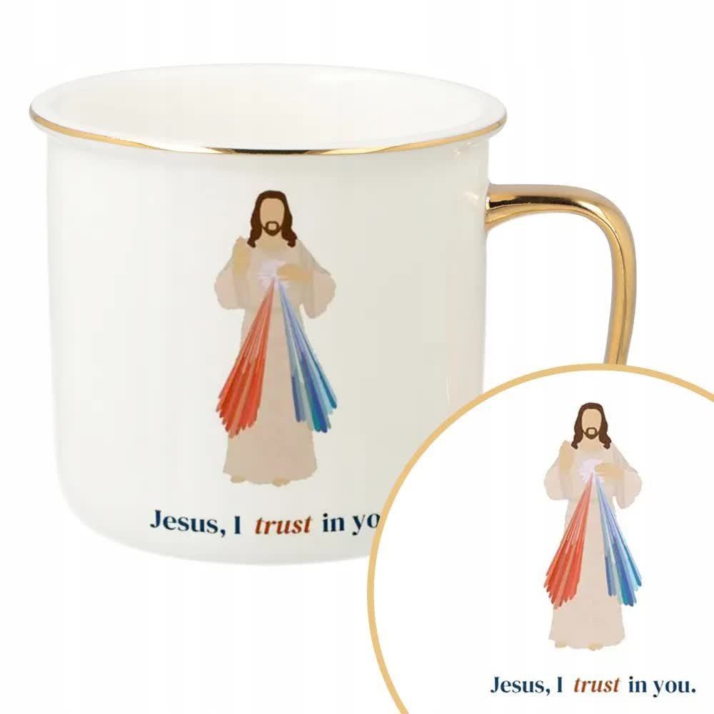 KUBEK RETRO Złoty Prezent Urodziny JESUS I TRUST IN YOU Chrześcijańskie Wz