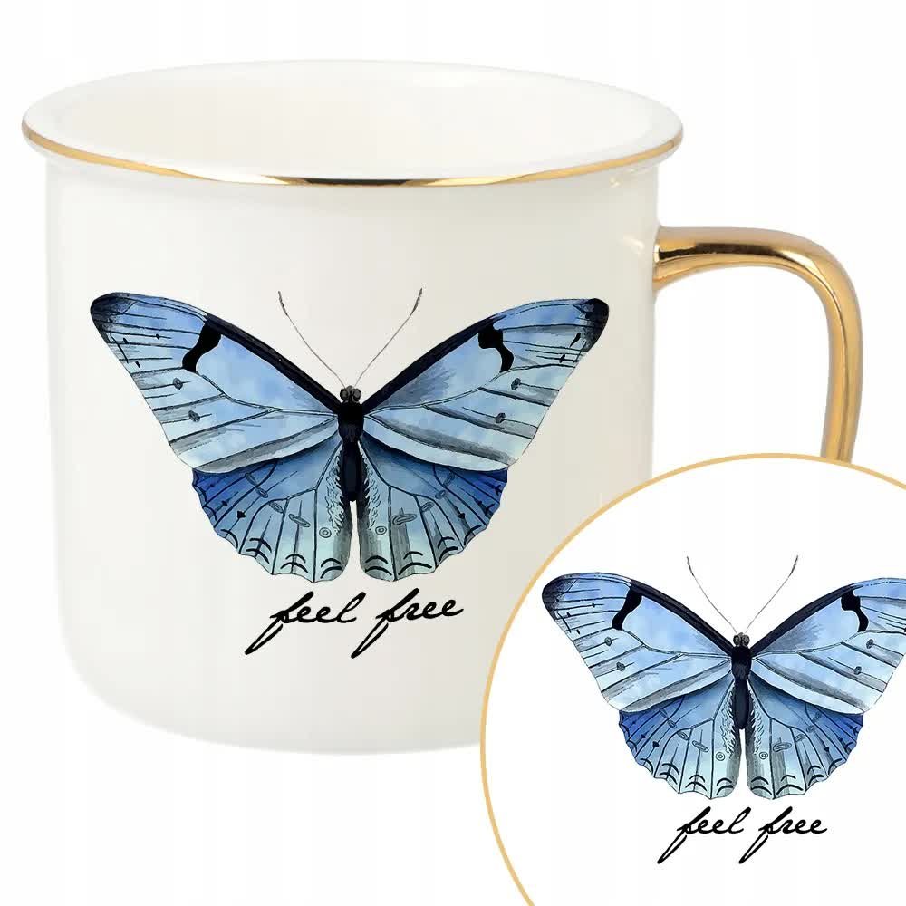 KUBEK RETRO Złoty Na Prezent Urodziny Subtelne Kobiece FEEL FREE Motyl Wz