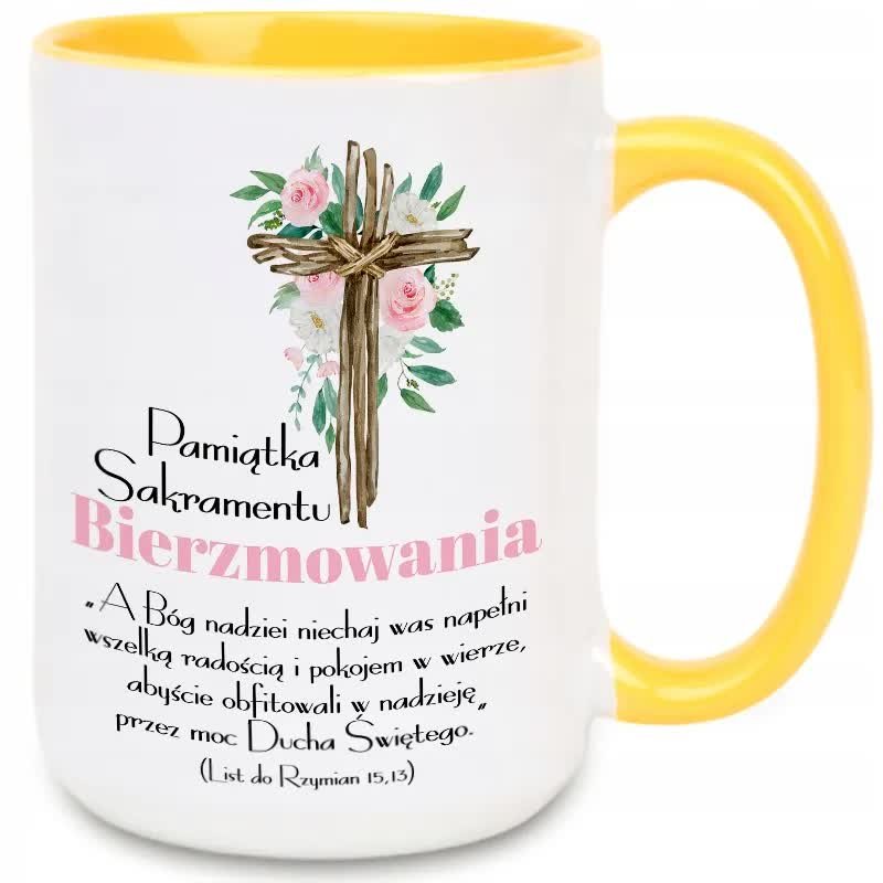 KUBEK XXL BIAŁY PREZENT PAMIĄTKA SAKRAMENTU BIERZMOWANIA BIBLIA CYTATY WZ