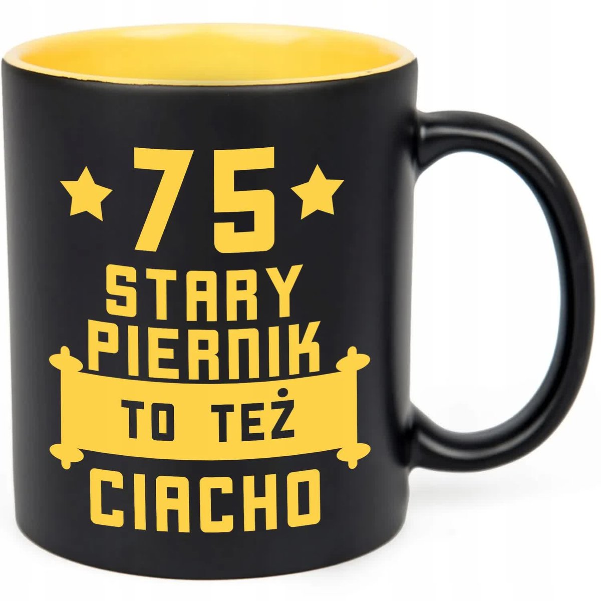 KUBEK CZARNY GRAWER KUBEK NA 75 URODZINY STARY PIERNIK TEŻ CIACHO WZORY