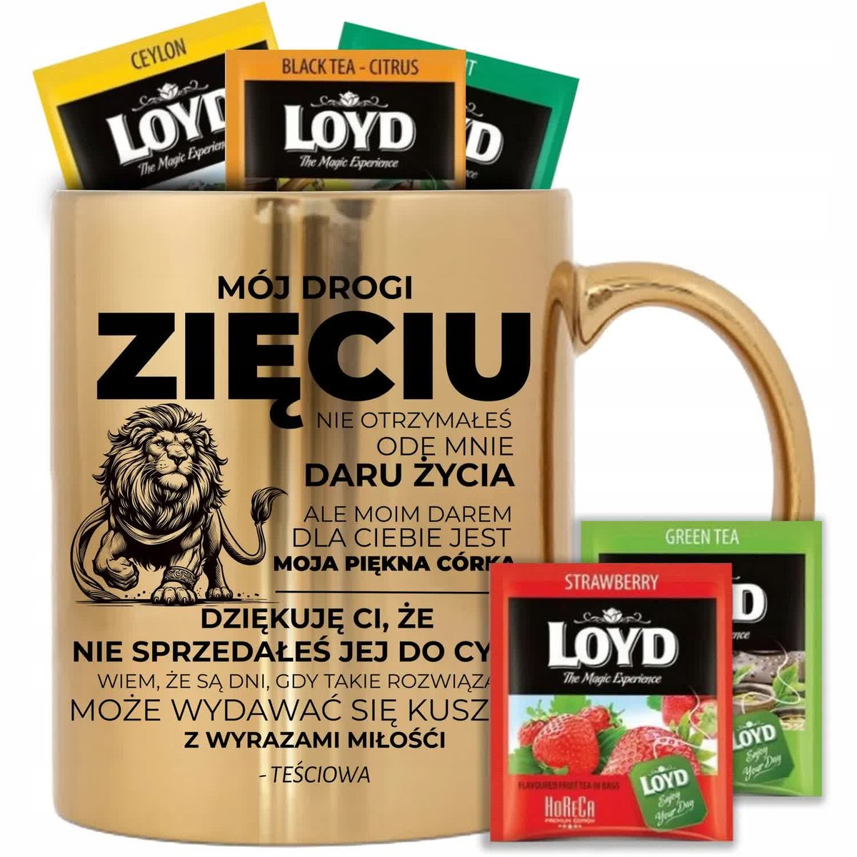 KUBEK ZŁOTY 300 ML STYLOWY ZABAWNY PREZENT DLA ZIĘCIA HERBATA LOYD 8 SZT