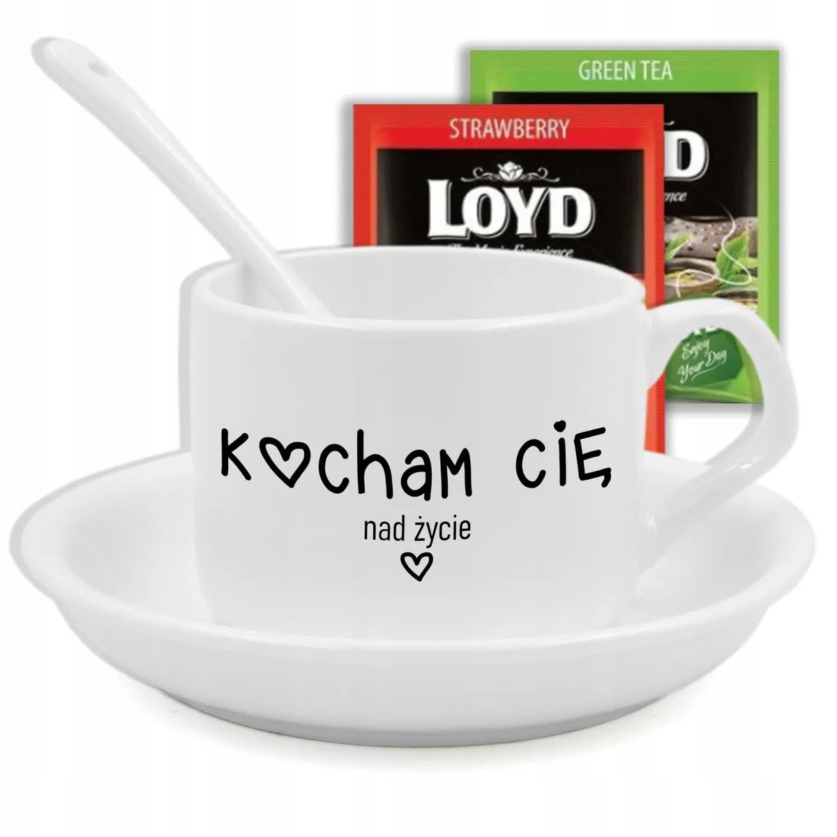 FILIŻANKA Z PODSTAWKĄ I ŁYŻECZKĄ MOTYW KOCHAM CIĘ + HERBATA LOYD WZ