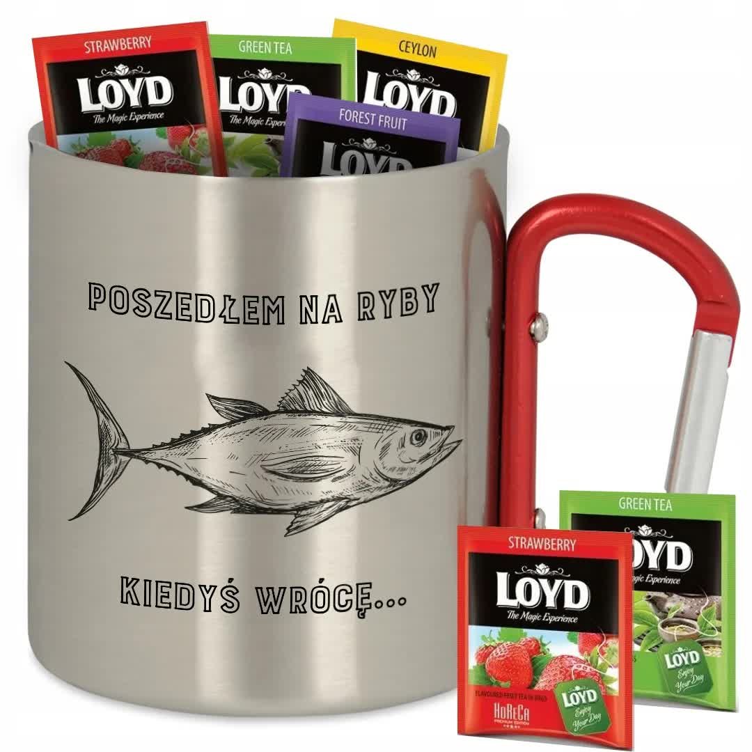 Kubek Metalowy Klamra POSZEDŁEM NA RYBY KIEDYS WRÓCĘ + 8 Loyd Wzory