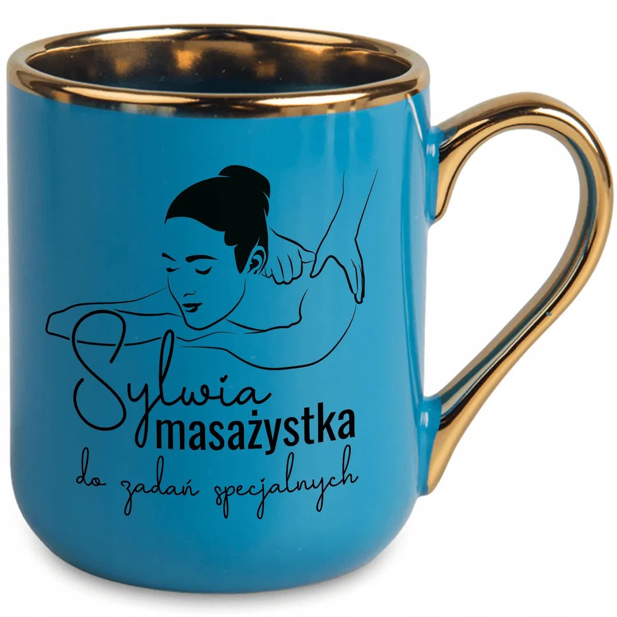 KUBEK 330 ML NIEBIESKI UCHO RANT ZŁOTY PREZENT DLA MASAŻYSTKI TWOJE IMIĘ