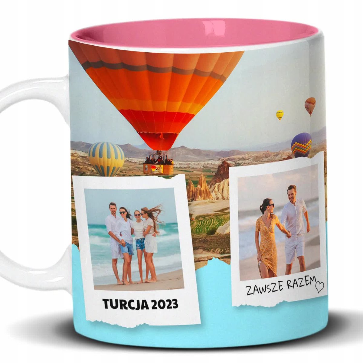 Kubek Z Nadrukiem TWOJE ZDJĘCIA Z WAKACJI Biało Różowy Kreator