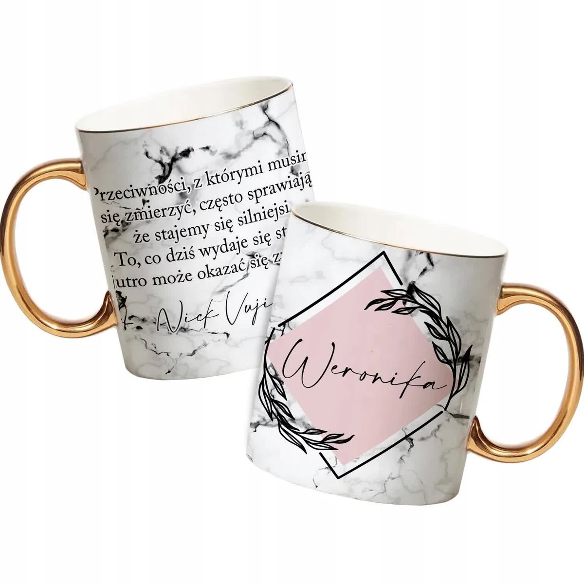 KUBEK ze ZŁOTYM Uchwytem MARMUR Własne IMIĘ Cytaty