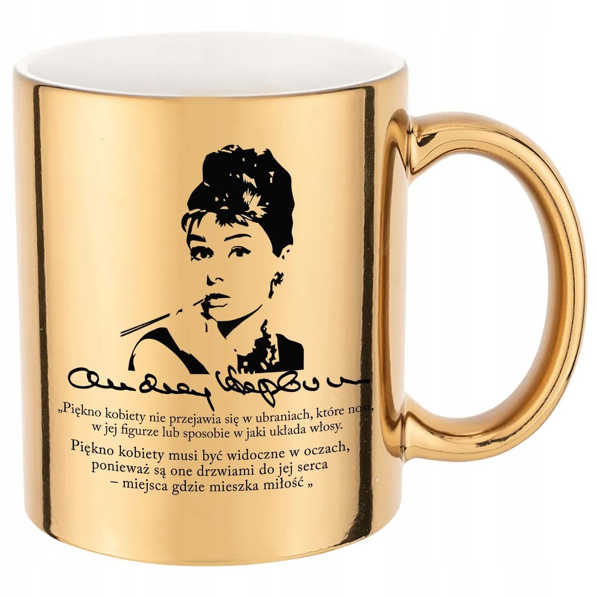 KUBEK ZŁOTY Błyszczący Audrey Hepburn Cytaty Wzory
