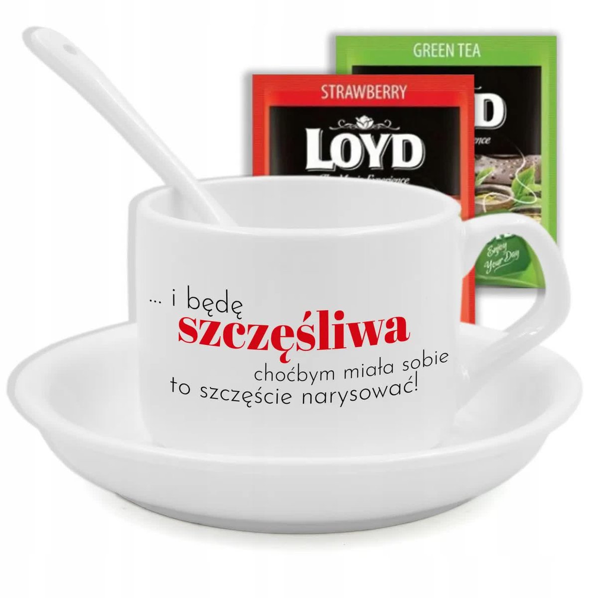 FILIŻANKA Z PODSTAWKĄ I ŁYŻECZKĄ MOTYW MOTYWACYJNY CYTAT HERBATA LOYD WZ