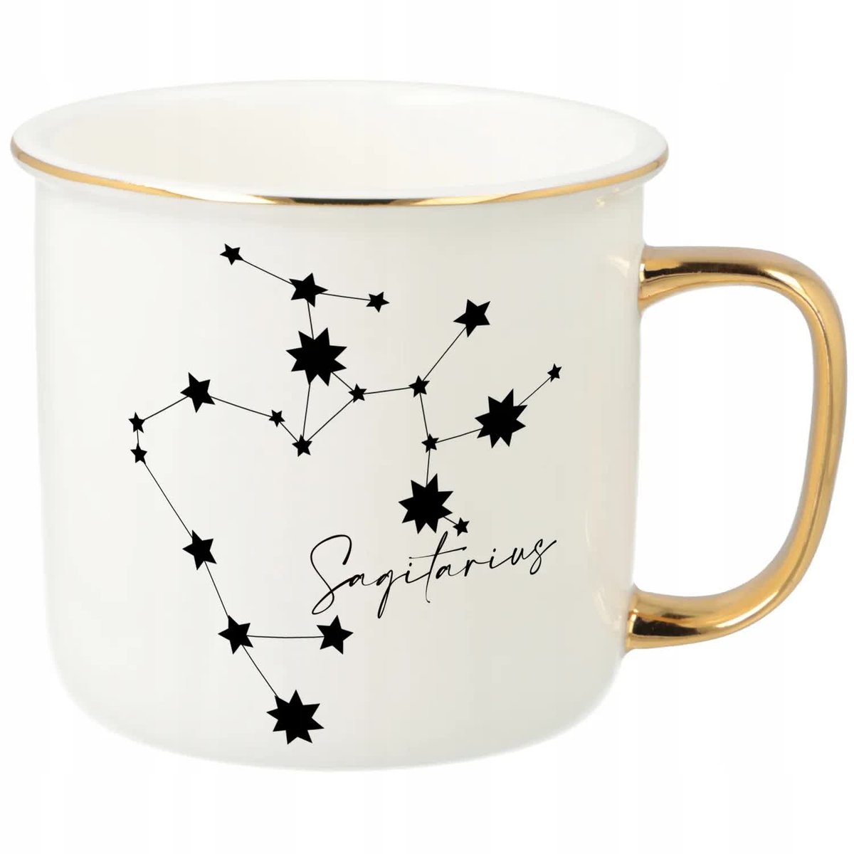KUBEK UCHO RANT ZŁOTY PORCELANOWY PREZENT DLA ZODIAKARY SAGITTARIUS WZORY