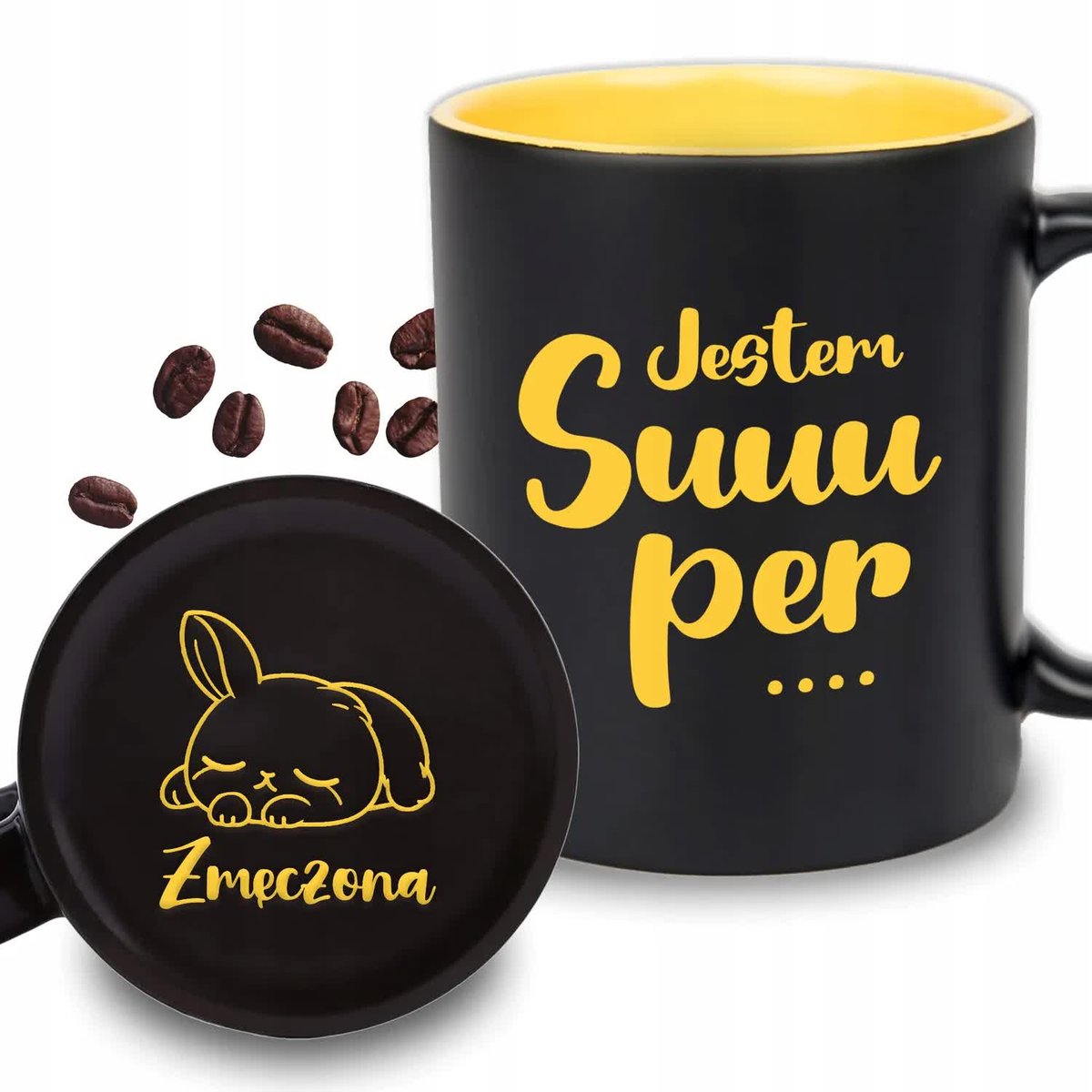 KUBEK Z GRAWEREM Żółty Upominek Na Prezent Urodziny JESTEM SUPER ZMĘCZONA