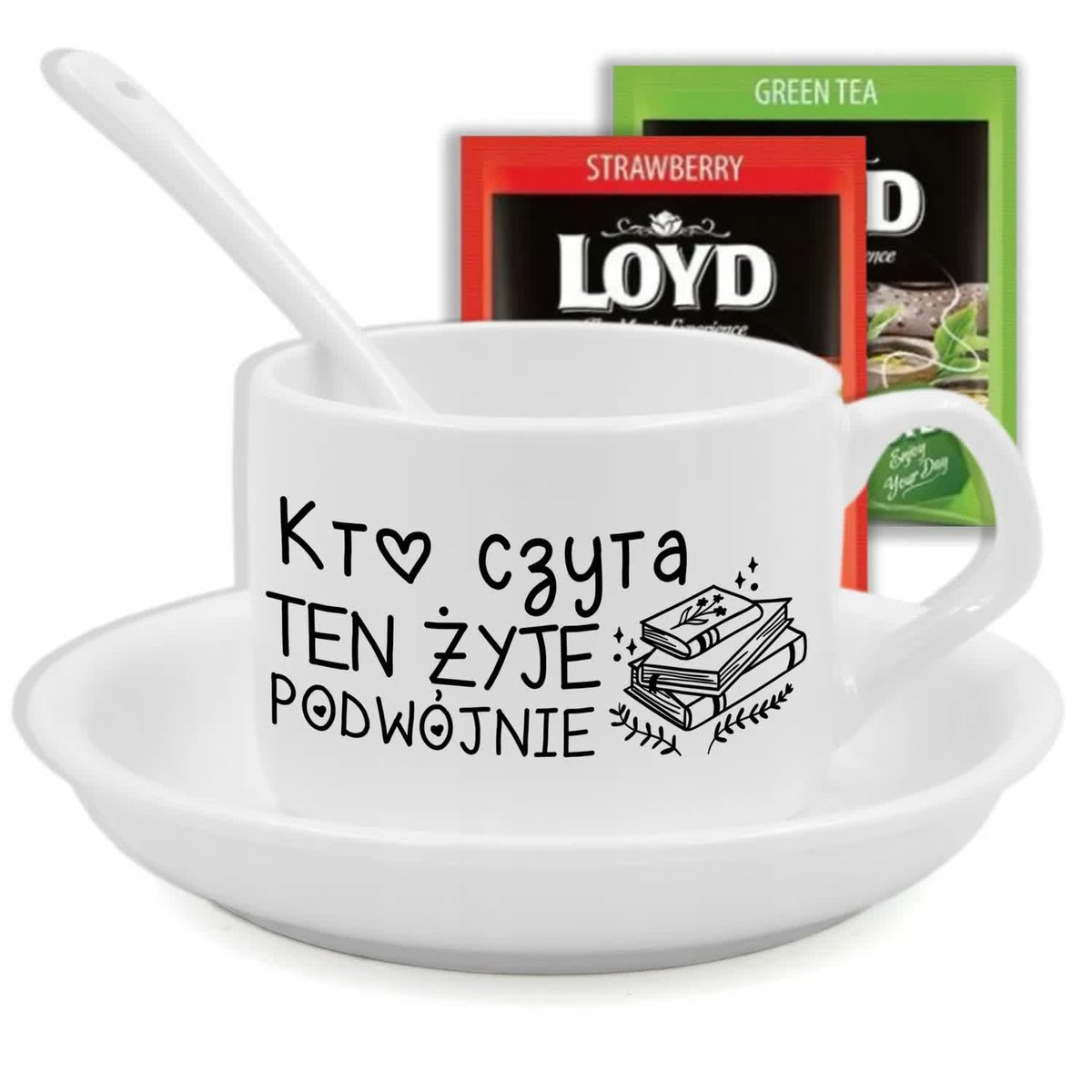 FILIŻANKA Z PODSTAWKĄ I ŁYŻECZKĄ MOTYW CZYTELNICTWO HERBATA LOYD WZ