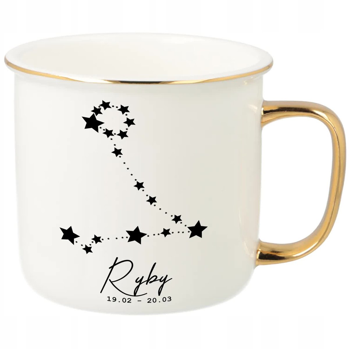 KUBEK UCHO RANT ZŁOTY PORCELANOWY RETRO PREZENT DLA ZODIAKARY PANNA WZORY