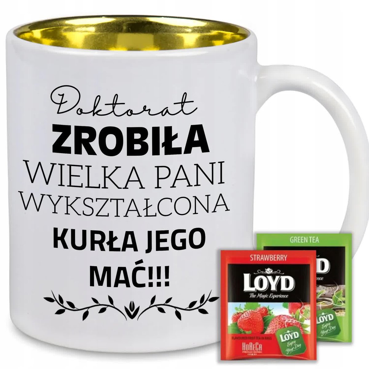 KUBEK WNĘTRZE ZŁOTE BŁYSZCZĄCE PREZENT DLA DOKTORANTKI herbata LOYD 8 szt.