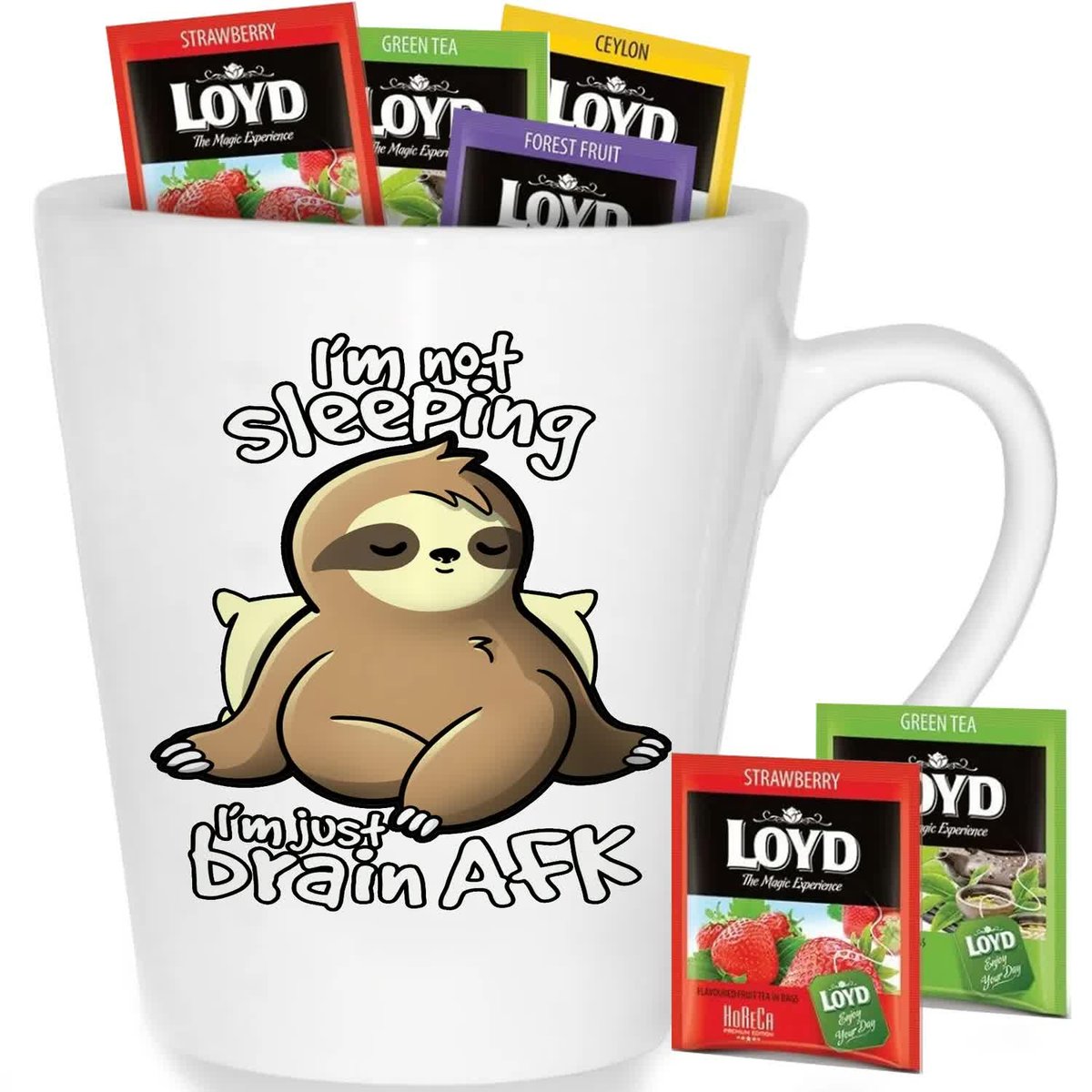 Kubek Biały Latte IM NOT SLEEPING Na Prezent Wzory + 8 Herbat Loyd