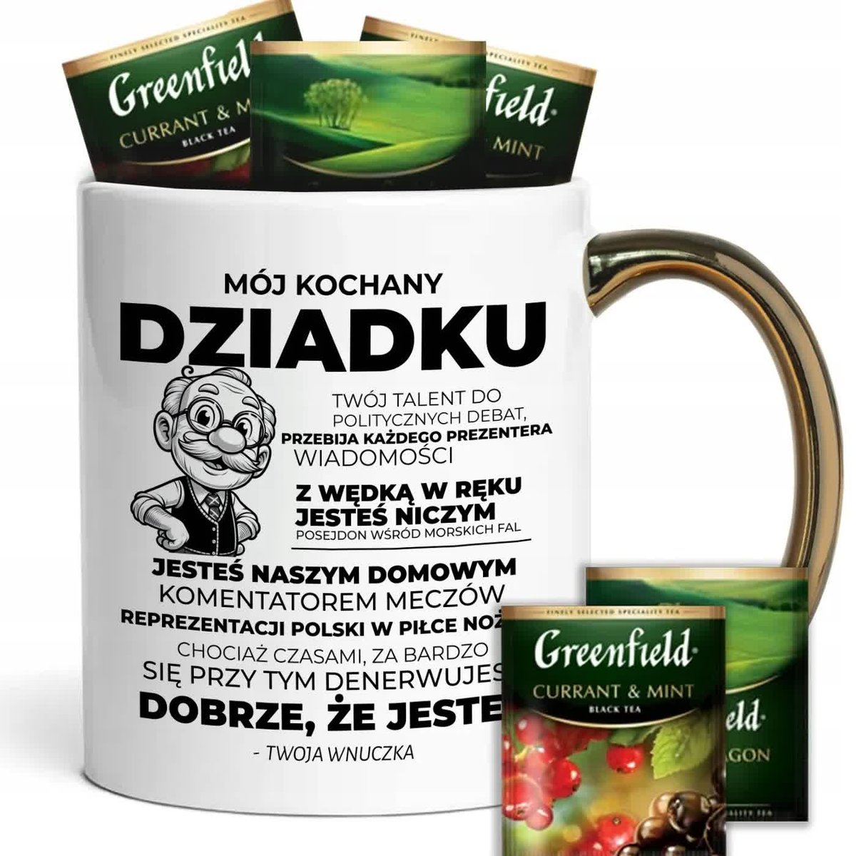 KUBEK ZŁOTY ZABAWNY PREZENT DLA DZIADKA OD WNUCZKI HERBATA LOYD 8 SZT WZ