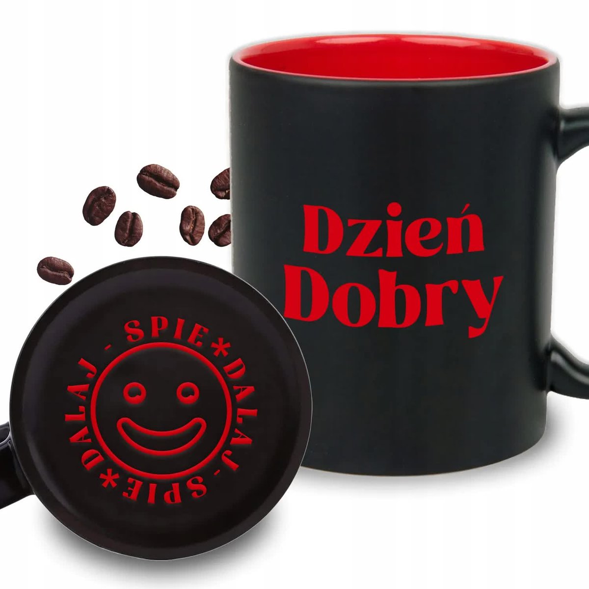 KUBEK Z GRAWEREM Czerwony Upominek Prezent Urodziny DZIEŃ DOBRY SPIE*DALAJ