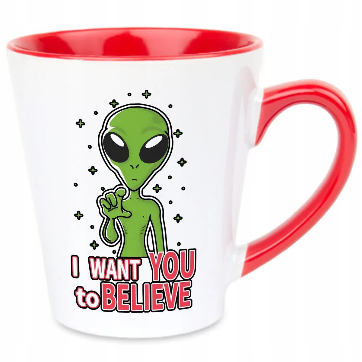 Kubek Latte Czerwono Biały I WANT YOU TO BELIEVE 350 ml Prezent Zabawne Wz