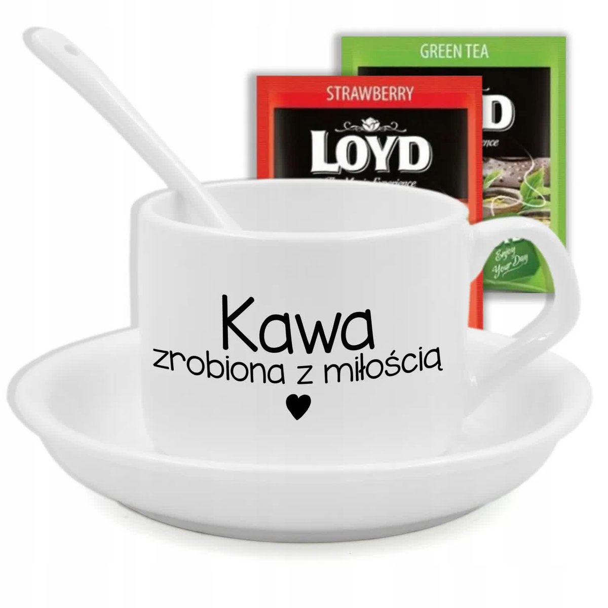 FILIŻANKA Z PODSTAWKĄ ŁYŻECZKĄ PREZENT KAWA ZROBIONA Z MIŁOŚCIĄ HERBATA WZ