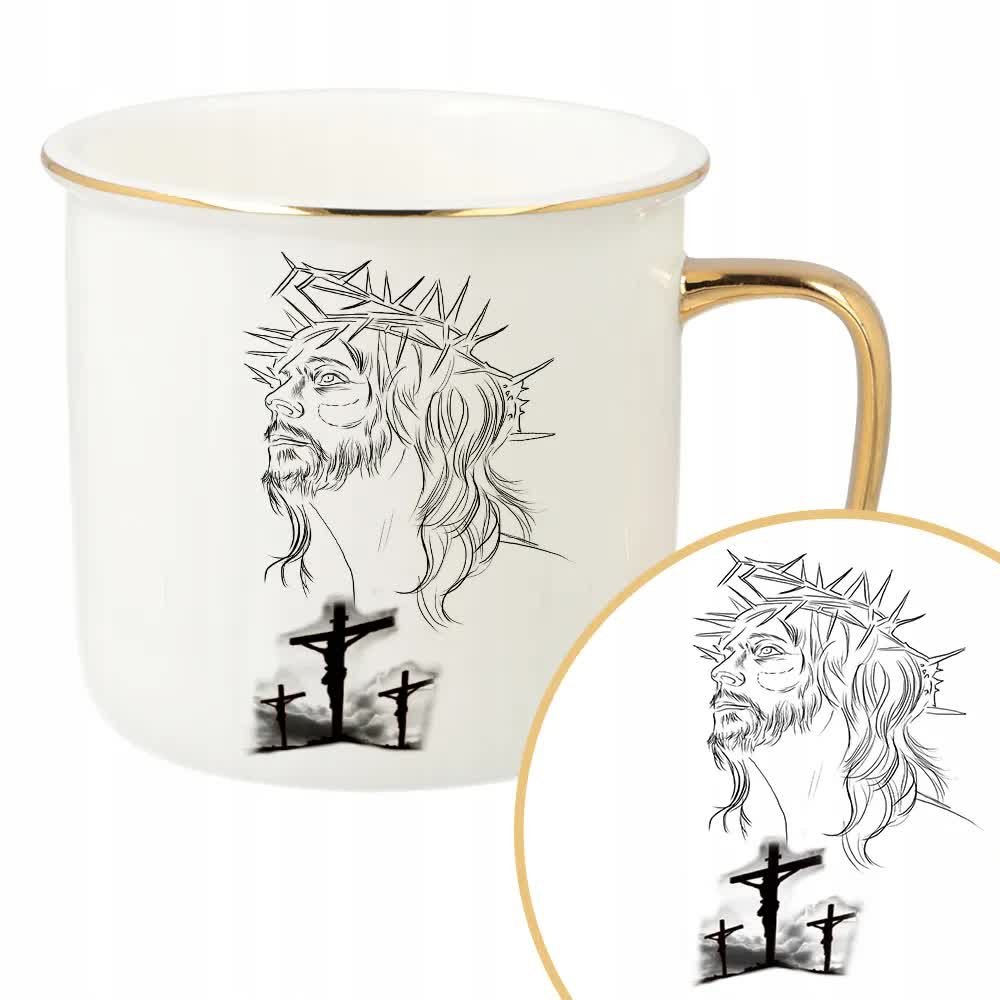 KUBEK RETRO Złoty Na Prezent Komunię Bierzmowanie JEZUS Chrześcijańskie Wz