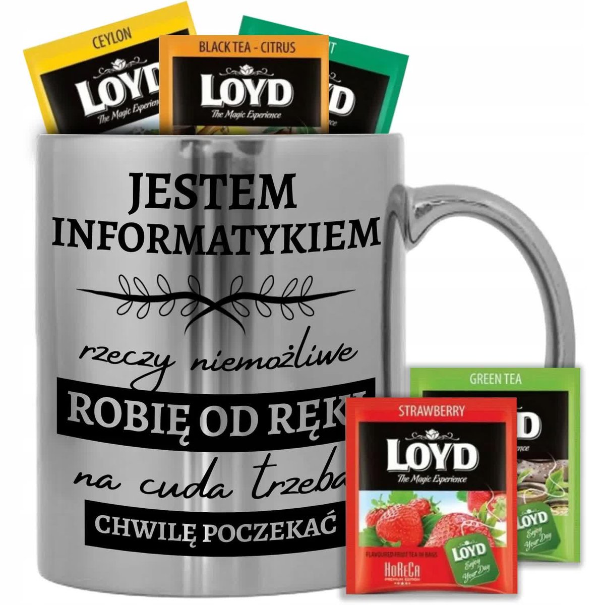 KUBEK SREBRNY PREZENT DLA INFORMATYKA 8 SZT HERBATY WZORY