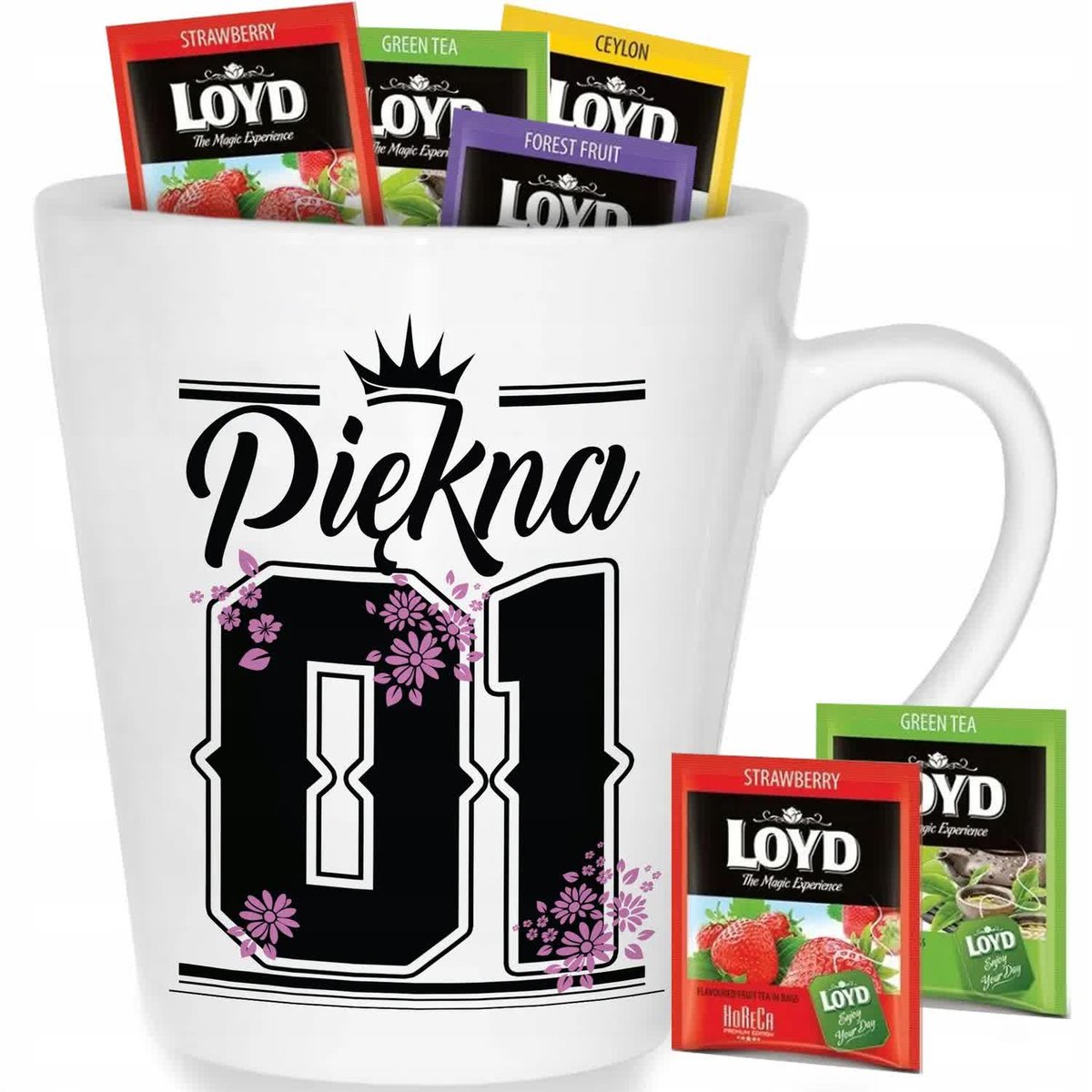 Kubek Biały Latte 01 PIĘKNA Na Prezent Wzory + 8 Herbat Loyd