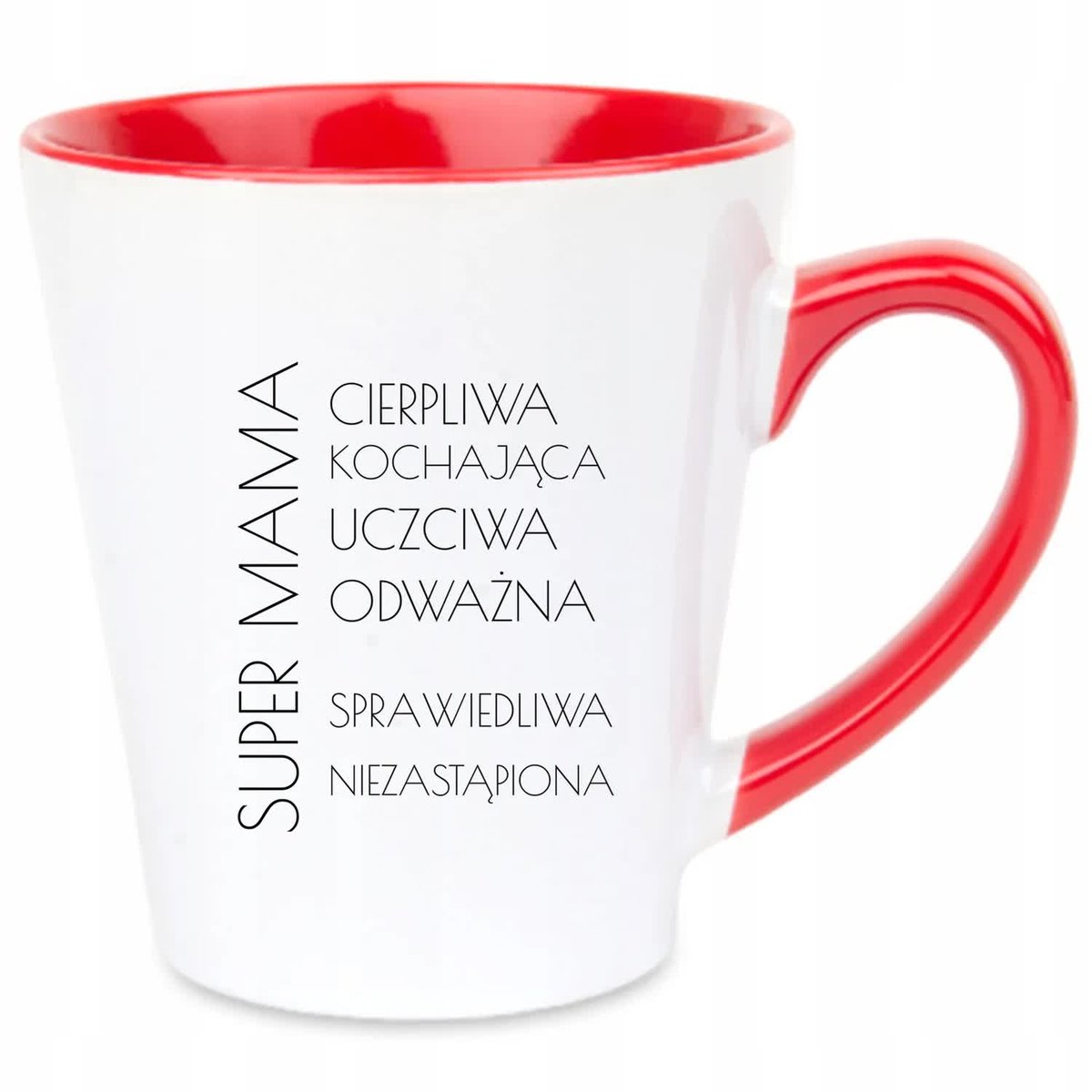 Kubek Latte Czerwono Biały SUPER MAMA Na Prezent Pozytywne Wzory