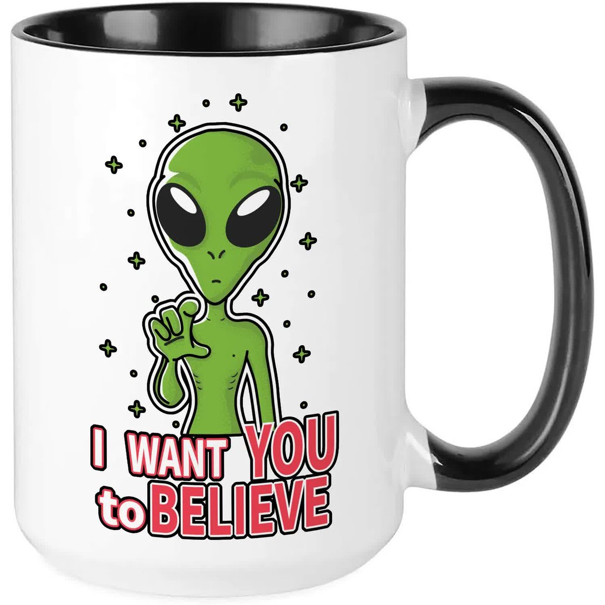 Kubek MEGA DUŻY CZARNY I WANT YOU TO BELIEVE Śmieszny Zabawny Prezent WZORY