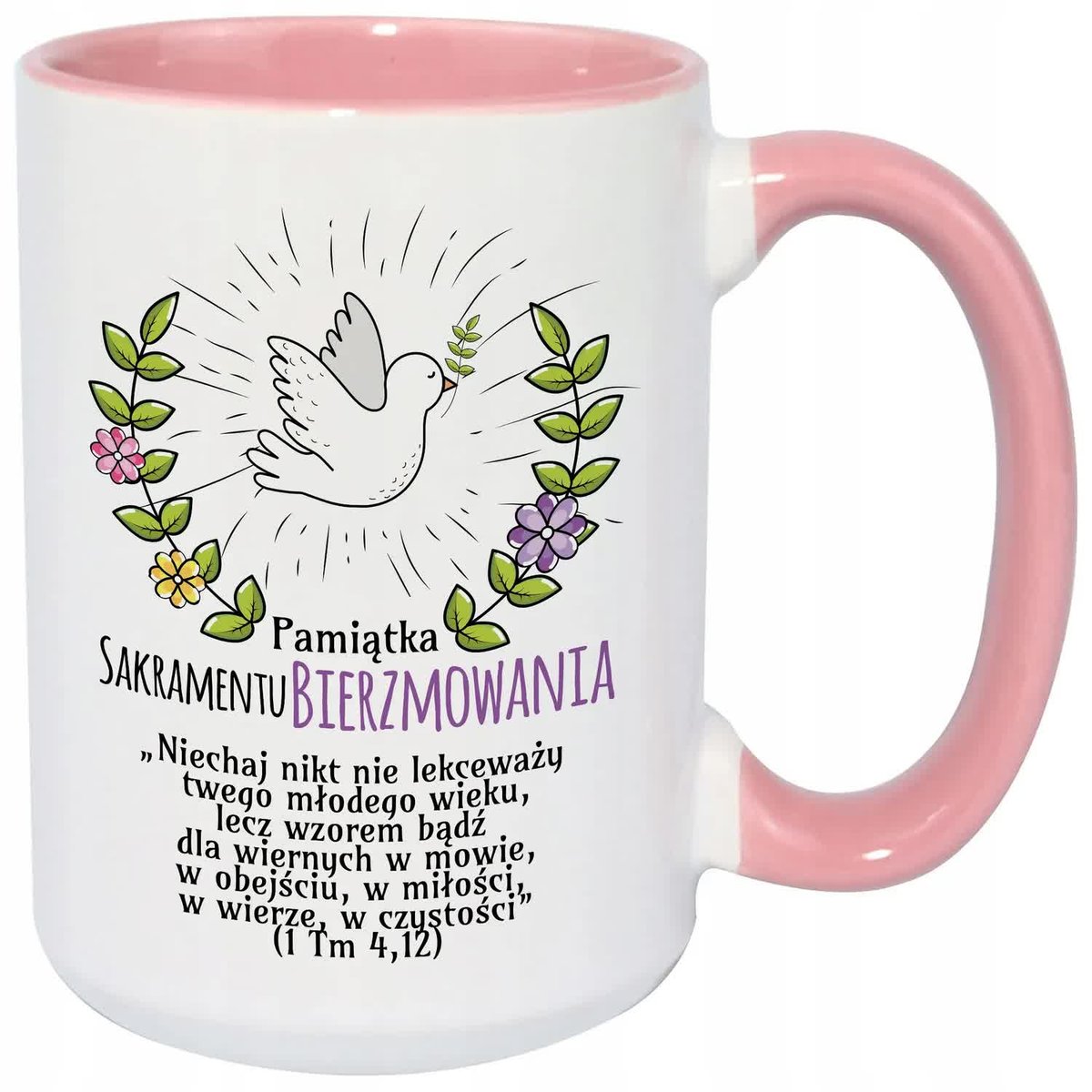 KUBEK XXL BIAŁY PREZENT PAMIĄTKA SAKRAMENTU BIERZMOWANIA BIBLIA CYTATY WZ