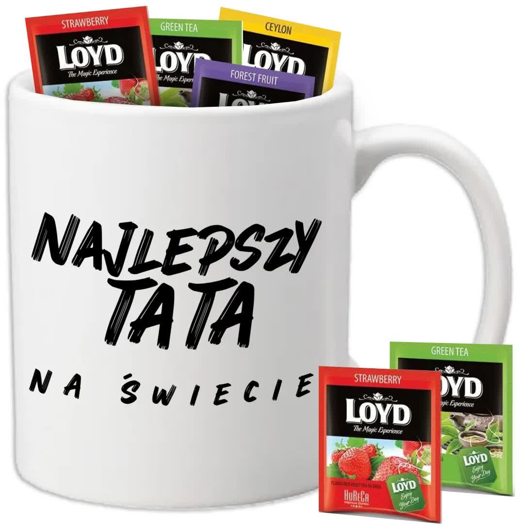 Kubek Biały NAJLEPSZY TATA NA ŚWIECIE + 8 Herbat Loyd Wzory Dla Taty