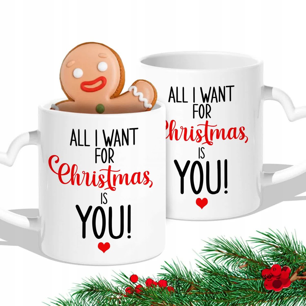 ZESTAW KUBKÓW BIAŁYCH UCHWYT SERCE PREZENT ALL I WANT FOR CHRISTMAS IS YOU