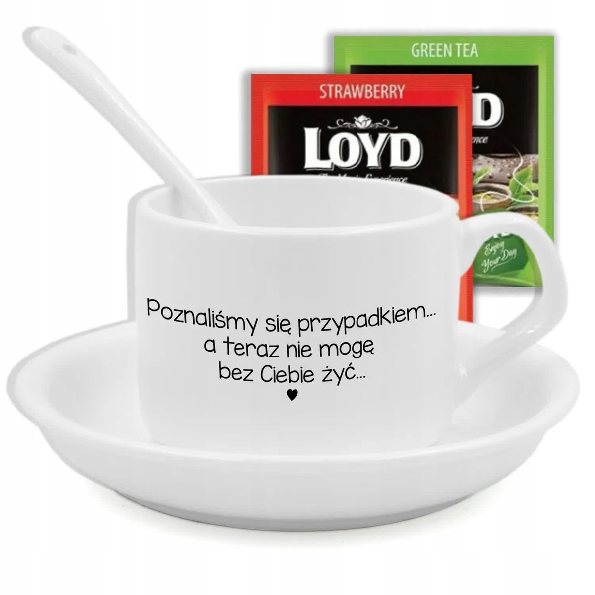 FILIŻANKA Z PODSTAWKĄ I ŁYŻECZKĄ MOTYW MIŁOŚĆ CYTAT HERBATA LOYD WZ