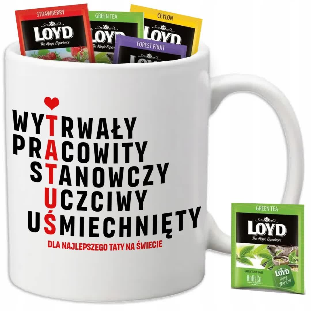 Kubek Biały TATUŚ WYTRWAŁY PRACOWITY + 8 Herbat Loyd Wzory Dla Taty