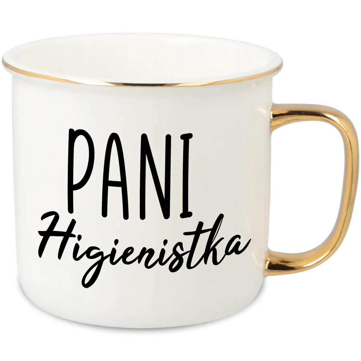KUBEK UCHO RANT ZŁOTY PORCELANOWY RETRO PREZENT DLA PANI HIGIENISTKA WZORY