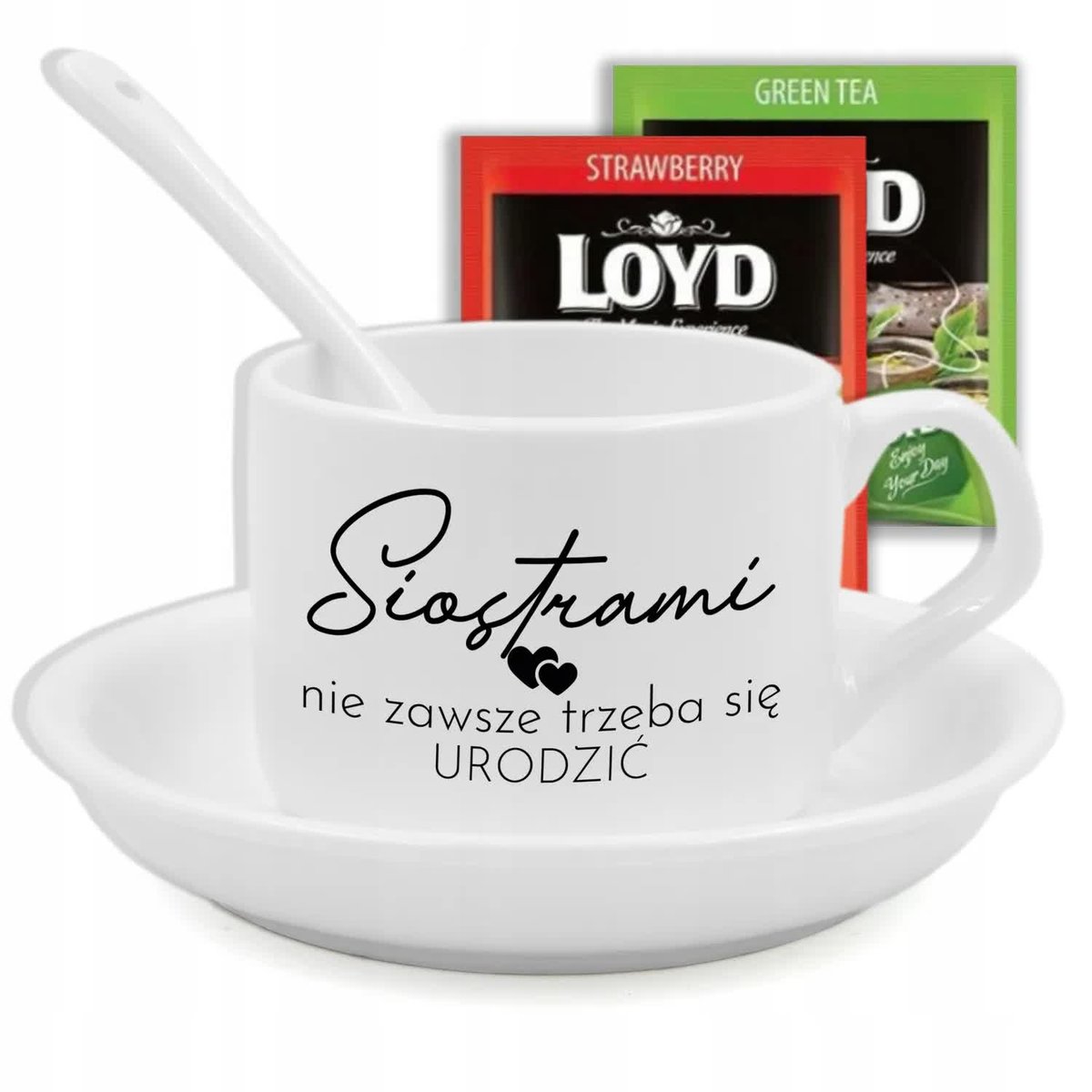 ZESTAW FILIŻANKA ŁYŻECZKA PODSTAWKA PREZENT DLA SIOSTRY HERBATA LOYD GARTIS