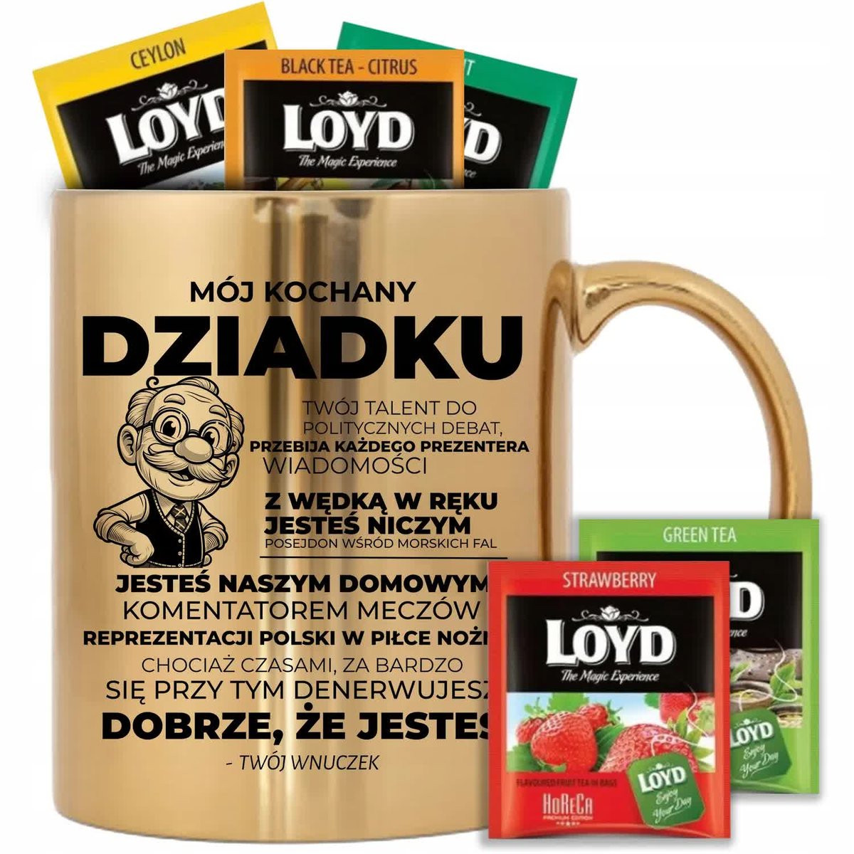 KUBEK ZŁOTY ZABAWNY PREZENT DLA DZIADKA OD WNUKA HERBATA LOYD 8 SZT WZÓR
