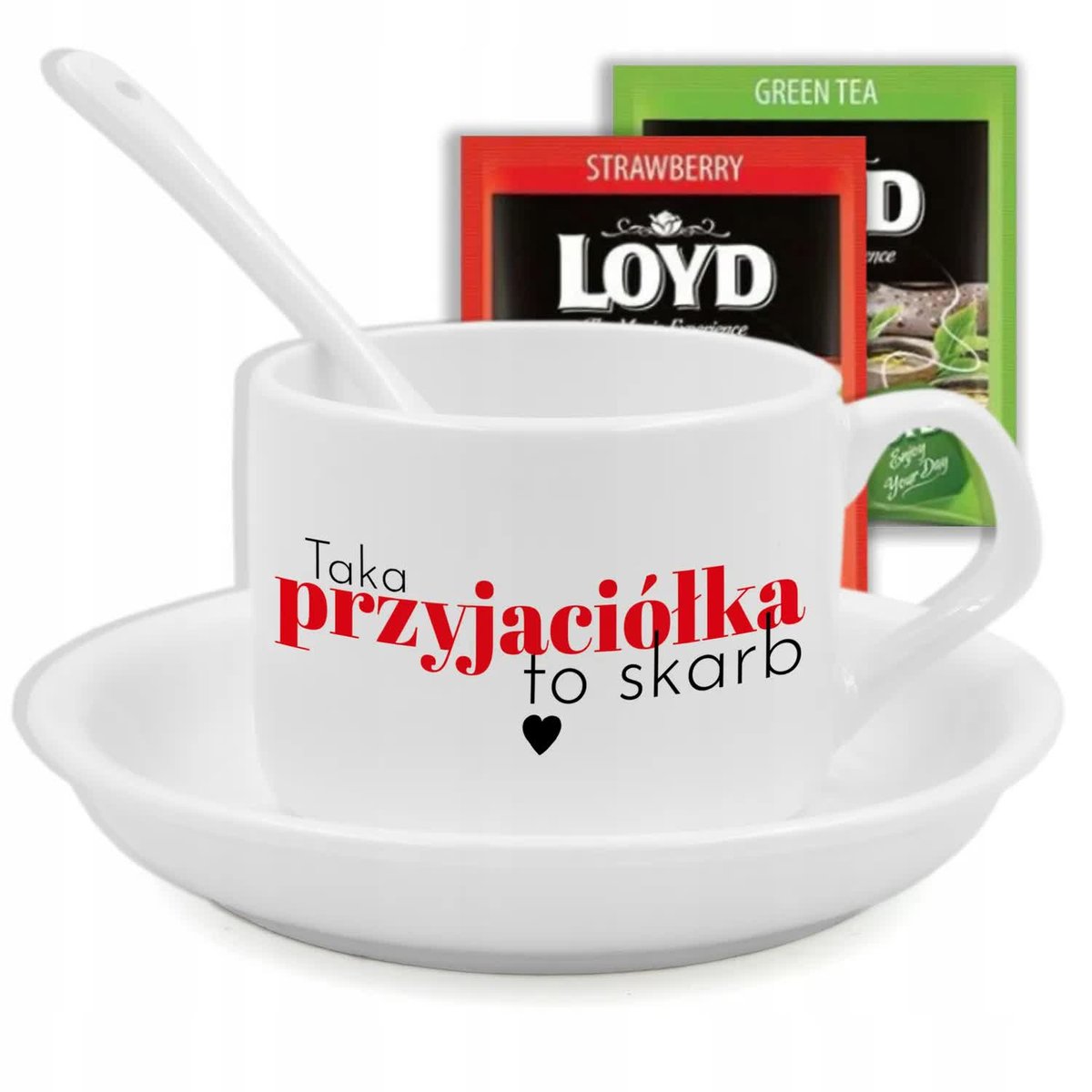 FILIŻANKA PODSTAWKA ŁYŻECZKA PREZENT TAKA PRZYJACIÓŁKA TO SKARB HERBATA WZ