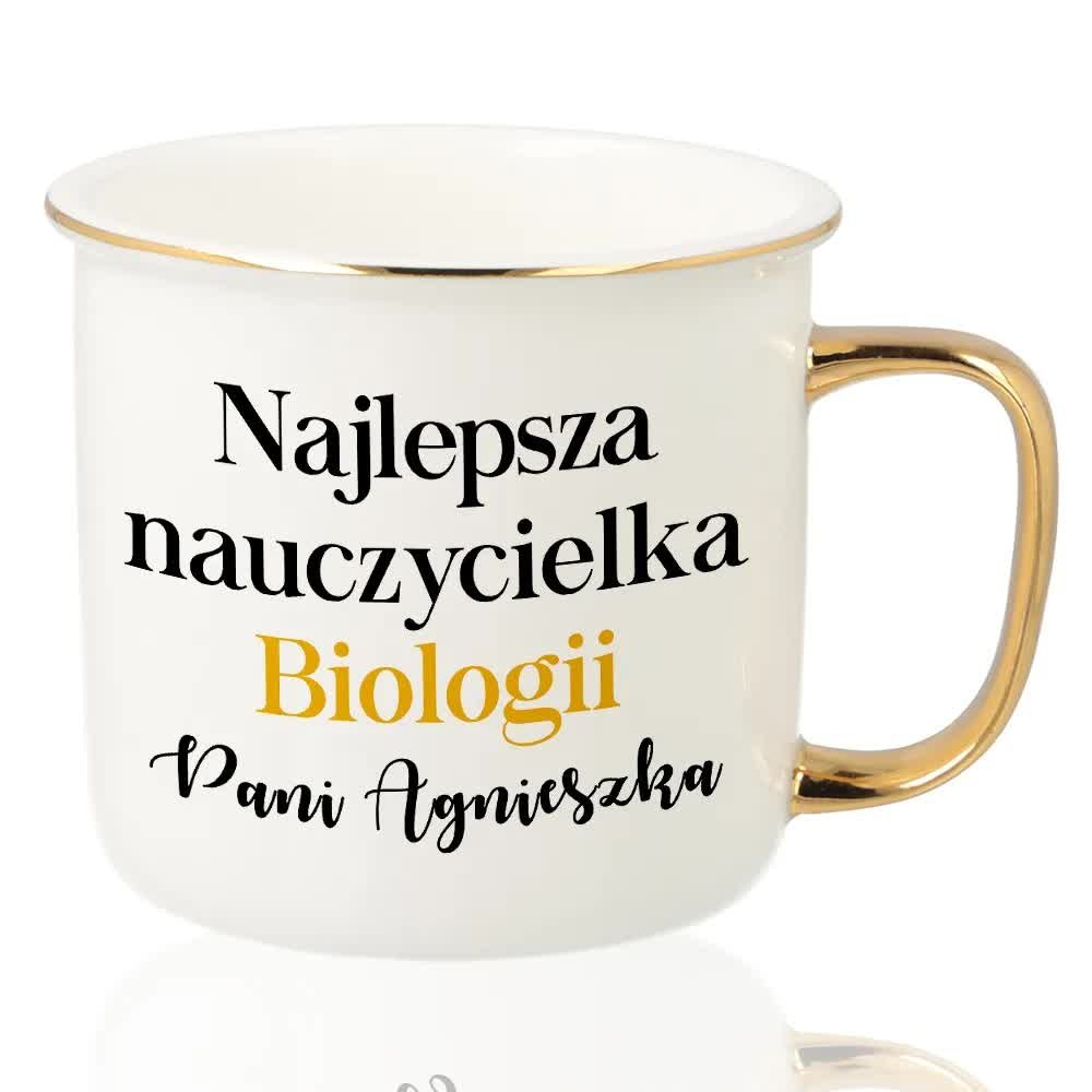 KUBEK RETRO Złoty Upominek Prezent Dzień Nauczyciela DLA NAUCZYCIELKI IMIĘ