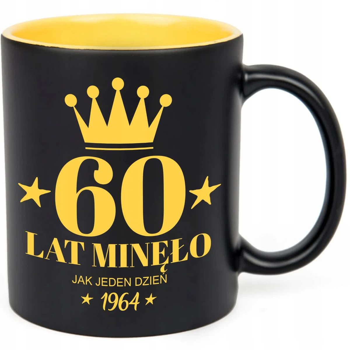 KUBEK CZARNY WNĘTRZE ŻÓŁTE IDEALNY PREZENT NA 60 URODZINY ROCZKNIK WZORY