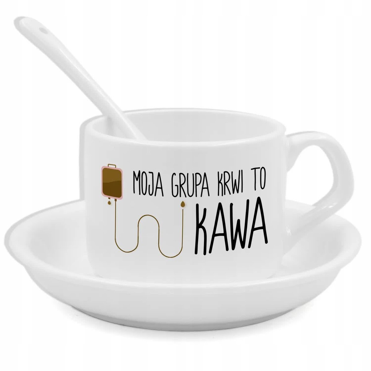 Zestaw Filiżanka Łyżeczka Podstawka MOJA GRUPA KRWI KAWA Na Prezent Wzory