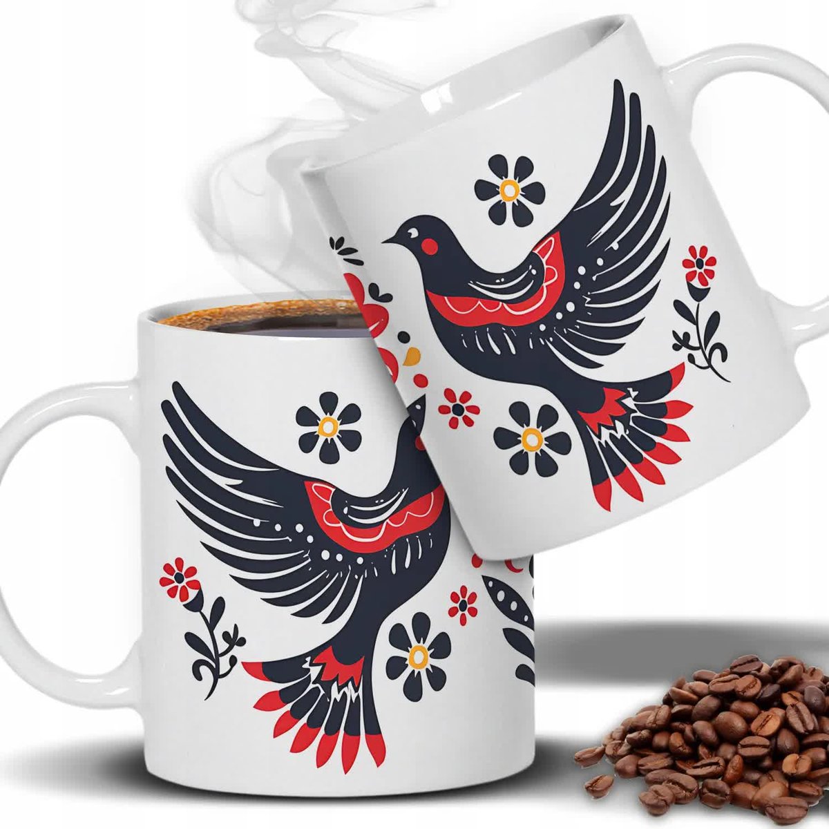 Kubek Biały FOLKLORE Folk Kultura 330 ml Kwiaty Ptaki Wzory Ludowe